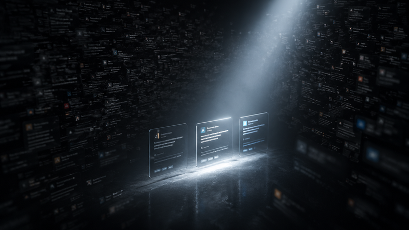 A focused beam of light highlighting a few clear elements against a dark, chaotic background, representing filtering signal from noise