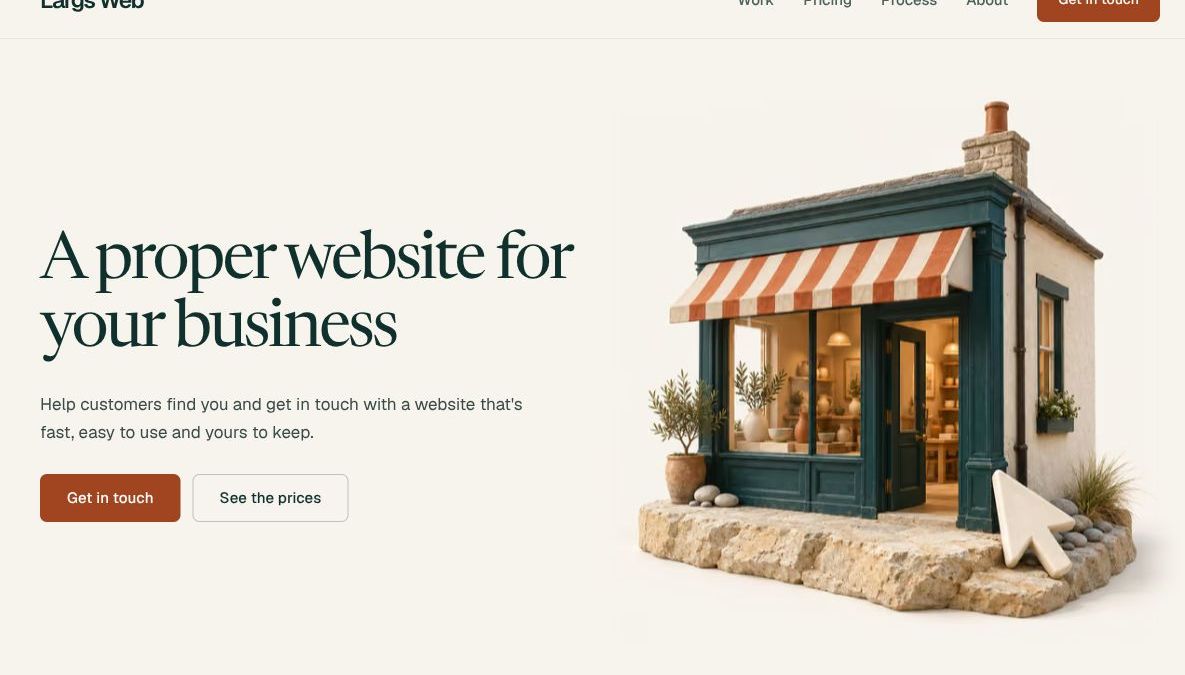 The Largs Web homepage, with the heading A proper website for your business beside a miniature coastal shopfront