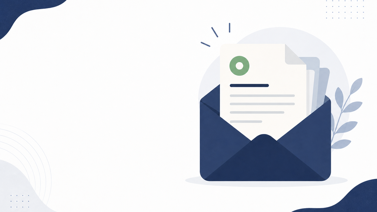 A minimal inbox and document illustration in navy and off-white, representing public sector contract alerts